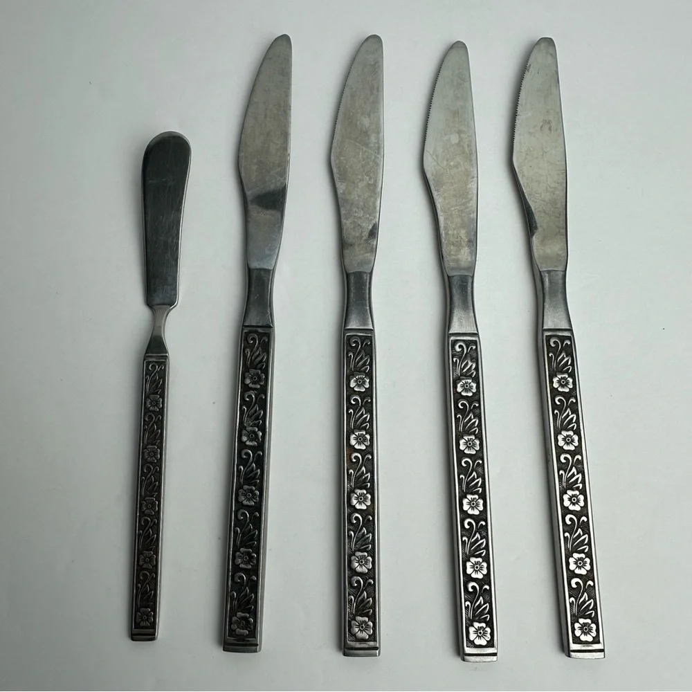 Vintage Gold Standard Night Blossom Table Knives (4) & Butter Knife (1) Japan